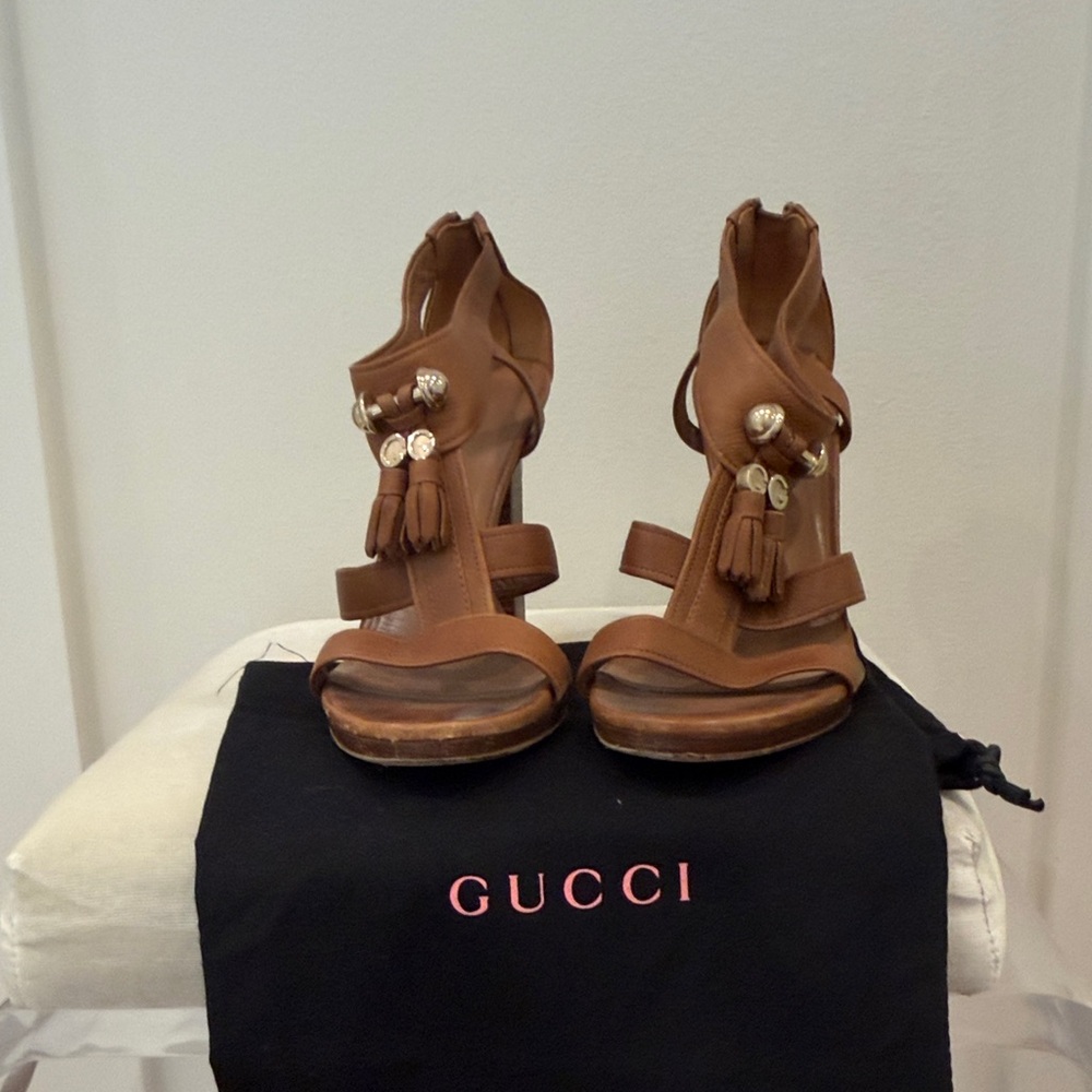 Gucci Tan Leather Tassel High-Heel Sandals